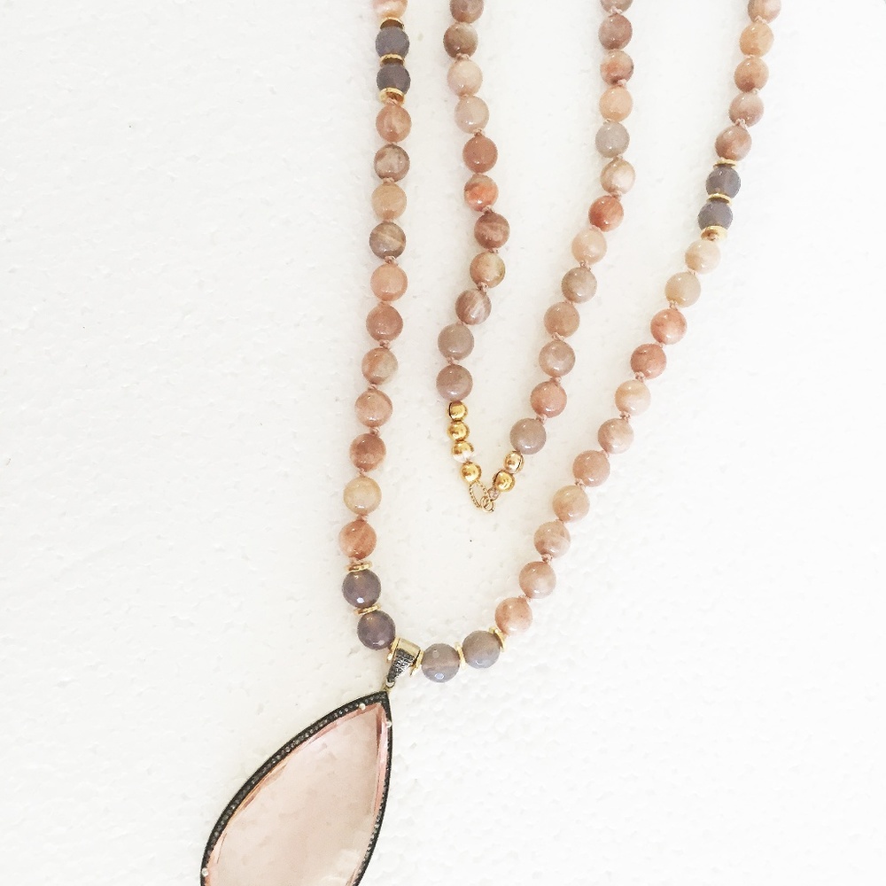Pink Quartz Pave Diamond Pendant Necklace